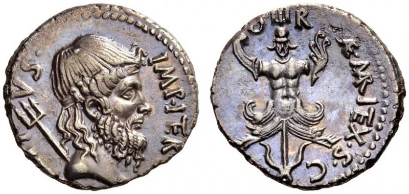 Sextus Pompey, 37-36 BC. Denarius (Silver, 19mm, 3.49 g 12), Sicily. MAG.PIVS.-I...