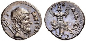 Sextus Pompey, 37-36 BC. Denarius (Silver, 19mm, 3.49 g 12), Sicily. MAG.PIVS.-IMP.ITER. Diademed and bearded head of Neptune to right, trident over h...