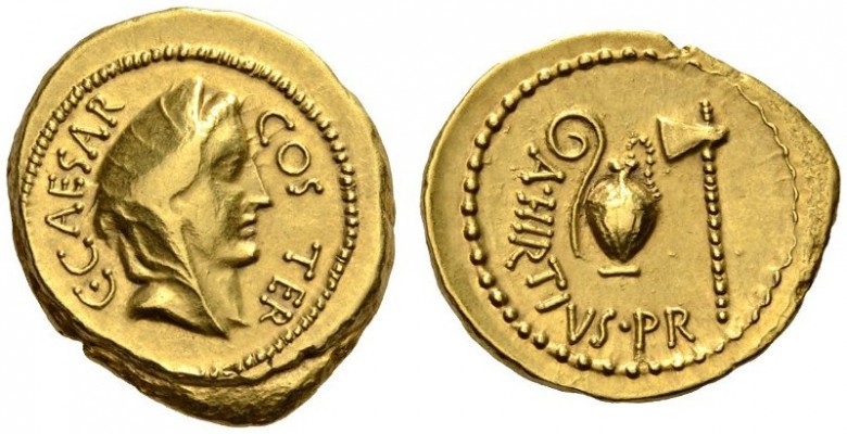 Julius Caesar, 46 BC. Aureus (Gold, 20mm, 8.10 g 4), with Aulus Hirtius, as prae...