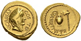 Julius Caesar, 46 BC. Aureus (Gold, 20mm, 8.10 g 4), with Aulus Hirtius, as praefectus urbi, Rome. C.CAESAR COS TER Veiled female head to right (Pieta...
