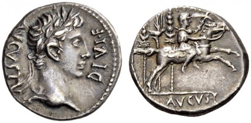 Augustus, 27 BC-AD 14. Denarius (Silver, 18mm, 3.79 g 7), Lugdunum, 8-7 BC. AVGV...