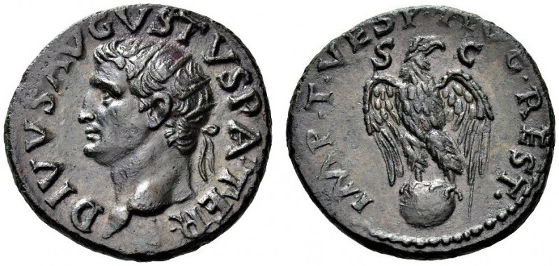 Divus Augustus, died in AD 14. As (Bronze, 27mm, 11.85 g 6), struck under Titus,...