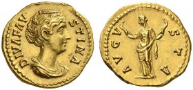 Diva Faustina Senior, died in 140/1. Aureus (Gold, 21mm, 7.04 g 6), Rome, c. 150. DIVA FAVSTINA Draped bust of Diva Faustina to right, her hair adorne...