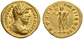 Lucius Verus, 161-169. Aureus (Gold, 19mm, 7.20 g 12), Rome, 163-164. L VERVS AVG ARMENIACVS Laureate and cuirassed bust of Lucius Verus to right, see...