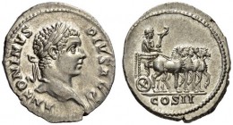 Caracalla, 198-217. Denarius (Silver, 19mm, 3.18 g 2), Rome, 206. ANTONINVS PIVS AVG Laureate head of the youthful Caracalla to right. Rev. COS II Tri...