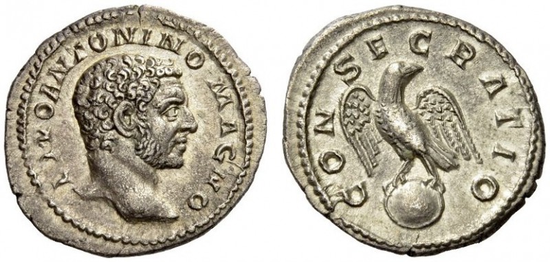 Divus Caracalla, died 217. Denarius (Silver, 19mm, 3.10 g 6), Rome, struck under...