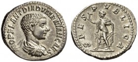 Diadumenian, as Caesar, 217-218. Denarius (Silver, 20mm, 3.65 g 6), Rome, 218. M OPEL ANT DIADVMENIAN CAES Bare-headed, draped and cuirassed bust of D...