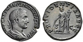 Gordian I, 238. Sestertius (Orichalcum, 29mm, 19.39 g 11), Rome, “1-22 April 238”. IMP CAES M ANT GORDIANVS AFR AVG Laureate, draped and cuirassed bus...