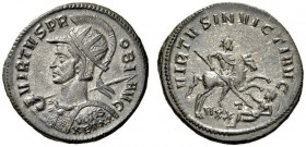 Probus, 276-282. Antoninianus (Billon, 23mm, 4.45 g 6), Ticinum. VIRTVS PROBI AVG Radiate, helmeted and cuirassed bust of Probus to left, holding spea...