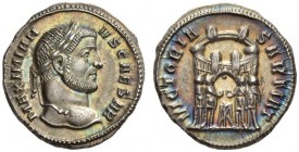 Galerius, Caesar, 293-305. Argenteus (Silver, 18mm, 3.43 g 12), Ticinum, 295. MAXIMIANVS CAESAR Laureate head of Galerius to right. Rev. VICTORIA SARM...
