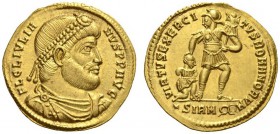 Julian II, 360-363. Solidus (Gold, 21mm, 4.43 g 1), Sirmium, 361-363. FL CL IVLIANVS PP AVG Pearl-diademed, draped and cuirassed bust of Julian to rig...