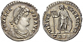 Valens, 364-378. Miliarense (Silver, 26mm, 4.33 g 12), Trier, 367-375. D N VALEN-S P F AVG Draped and cuirassed bust of Valens to right, wearing pearl...