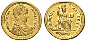 Valentinian II, 375-392. Solidus (Gold, 20mm, 4.40 g 7), Constantinople, 388-392. D N VALENTINI - ANVS P F AVG Draped and cuirassed bust of Valentinia...