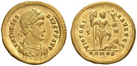 Theodosius I, 379-395. Solidus (Gold, 20mm, 4.42 g), Uncertain military mint - “Sirmium”, 393-395. D N THEODO - SIVS P F AVG Draped and cuirassed bust...