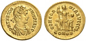 Theodosius I, 379-395. Solidus (Gold, 20mm, 4.43 g 6), Constantinople, 9th officina, 382-383. D N THEODO - SIVS P F AVG Draped and cuirassed bust of T...