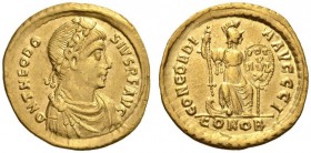 Theodosius I, 379-395. Solidus (Gold, 20mm, 4.37 g 7), Constantinople, 10th officina, 388-392. D N THEODO - SIVS P F AVG Draped and cuirassed bust of ...