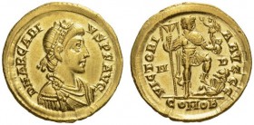 Arcadius, 383-408. Solidus (Gold, 21mm, 4.52 g 12), Milan, 395-402. D N ARCADI - VS P F AVG Draped and cuirassed bust of Arcadius to right, wearing pe...