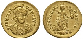 Arcadius, 383-408. Solidus (Gold, 20mm, 4.42 g 12), Thessalonica, 397-402. D N ARCADI - VS P F AVG Helmeted, diademed and cuirassed bust of Arcadius f...