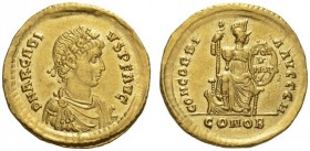 Arcadius, 383-408. Solidus (Gold, 19mm, 4.49 g 12), Constantinople, 383-388. D N ARCADI - VS P F AVG Rosette diademed, draped and cuirassed bust of Ar...