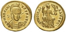Arcadius, 383-408. Solidus (Gold, 21mm, 4.48 g 6), Constantinople, 397-402. D N ARCADI - VS P F AVG Helmeted, diademed and cuirassed bust of Arcadius ...