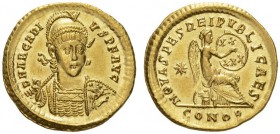 Arcadius, 383-408. Solidus (Gold, 21mm, 4.52 g 7), Constantinople, c. 403-408. D N ARCADI - VS P F AVG Helmeted, diademed and cuirassed bust of Arcadi...