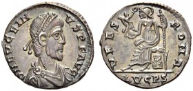 Eugenius, 392-394. Siliqua (Silver, 17mm, 2.04 g 6), Lugdunum. D N EVGEIN - VS P F AVG ( sic! ) Pearl-diademed, draped and cuirassed bust of Eugenius ...