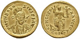 Theodosius II, 402-450. Solidus (Gold, 20mm, 4.41 g 6), Thessalonica, 402-c. 403. D N THEODO - SIVS P F AVG Helmeted, diademed and cuirassed bust of T...