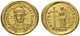 Theodosius II, 402-450. Solidus (Gold, 22mm, 4.27 g 12), Constantinople, 6th officina, 420-422. D N THEODO - SIVS P F AVG Helmeted, diademed and cuira...