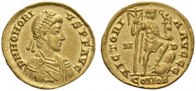 Honorius, 393-423. Solidus (Gold, 19mm, 3.84 g 1), Milan, 395-402. D N HONORI - VS P F AVG Pearl-diademed, draped and cuirassed bust of Honorius to ri...