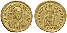 Honorius, 393-423. Solidus (Gold, 20mm, 4.45 g 12), Thessalonica, 402-c. 403. D N HONORI - VS P F AVG Helmeted, diademed and cuirassed bust of Honoriu...