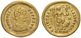 Honorius, 393-423. Solidus (Gold, 20mm, 4.37 g 6), Uncertain military mint - “Sirmium”, 1st officina, 393-395. D N HONORI - VS P F AVG Medium-sized dr...
