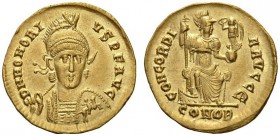 Honorius, 393-423. Solidus (Gold, 19mm, 4.45 g 6), Constantinople, 397-402. D N HONORI - VS P F AVG Helmeted, diademed and cuirassed bust of Arcadius ...
