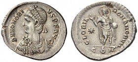 Honorius, 393-423. Miliarense (Silver, 23mm, 4.24 g 12), Constantinople, 408-420. DN HONORIVS P F AVG Diademed, draped and cuirassed bust of Honorius ...