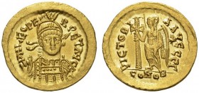 Leo I, 457-474. Solidus (Gold, 21mm, 4.49 g 6), Constantinople, c. 462 or 466. D N LEO PERPET AVG Helmeted, diademed and cuirassed bust of Leo facing,...