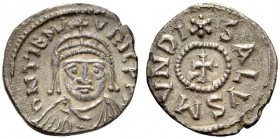 Maurice Tiberius, 582-602. Half-siliqua (Silver, 14mm, 0.84 g 5), Carthage, 582-583/4. D N TIb MAVRIC PP Facing bust of Maurice, wearing helmet with c...