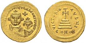 Heraclius, with Heraclius Constantine, 610-641. Solidus (Gold, 21mm, 4.48 g 6), Constantinople, c. 613-616. dd NN hERACLIUS ET hERA CONST PP AV Crowne...