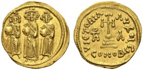 Heraclius, with Heraclius Constantine and Heraclonas, 610-641. Solidus (Gold, 19mm, 4.47 g 6), Constantinople, 637/8. Three standing emperors, all cro...