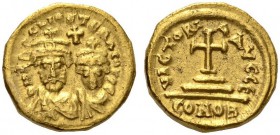 Heraclius, with Heraclius Constantine, 610-641. Solidus (Gold, 13mm, 4.44 g 7), Carthage, 616/617. D N ERACLIO ET ERA CONP E Facing busts of Heraclius...