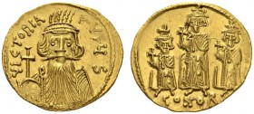 Constans II, with Constantine IV, Heraclius, and Tiberius, 641-668. Solidus (Gold, 21mm, 4.45 g 6), Constantinople, 667-668. VICTORIA AVGU S Facing, b...