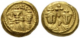 Constans II, with Constantine IV, Heraclius, and Tiberius, 641-668. Solidus (Gold, 10mm, 4.37 g 7), Carthage, 659-662. CONC Crowned facing busts of Co...