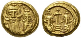 Constans II, with Constantine IV, Heraclius, and Tiberius, 641-668. Solidus (Gold, 10mm, 4.23 g 6), Carthage, 662-668. ...CT Crowned facing busts of C...
