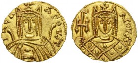 Irene, 797-802. Solidus (Gold, 17mm, 3.79 g 6), Syracuse, c. 797/8. IREN AΓOVST Bust of Irene facing, wearing chlamys and crown with pendilia and a cr...