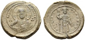 Constantine X Ducas, 1059-1067. Seal (Lead, 28mm, 16.55 g 12), an Imperial seal used for official documents, before c. 1065. +ΕΜΜΑ - ΝΟΥΗΛ Bust of Chr...