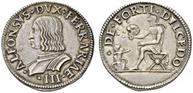 Italy, Ferrara. Alfonso I d'Este, Duke, 1505-1534. Testone (Silver, 28mm, 9.74 g 12), with dies by Giannantonio da Foligno, undated but c. 1505. .ALFO...
