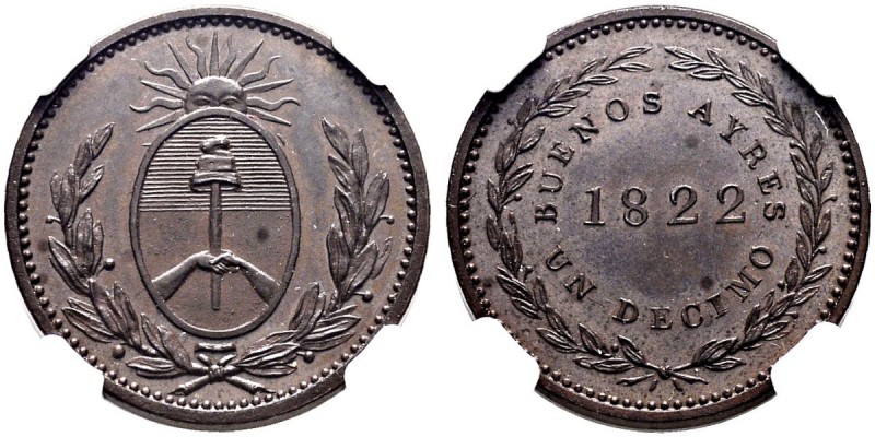 ARGENTINIEN. Republik. 1 Decimo 1822, Buenos Aires. Probe in Kupfer. KM Pn1. NGC...