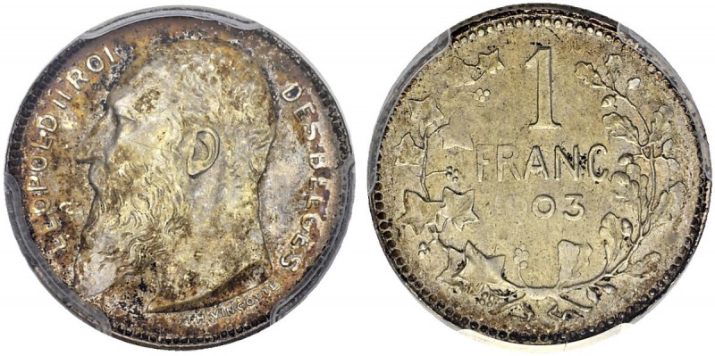BELGIEN. Königreich. Leopold II. 1865-1909. 1 Franc 1903, Brüssel. Probeprägung ...