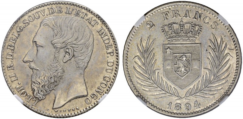 BELGIEN. Belgisch Kongo. 2 Francs 1894. KM 7. NGC MS62. Vorzüglich-FDC / Extreme...