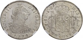 BOLIVIEN. Carlos III. 1759-1788. 8 Reales 1774, JR-Potosi. Cayon 12024. Sehr selten in dieser Erhaltung. / Very rare in this condition. NGC MS64. Prac...