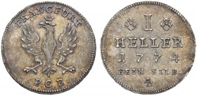 DEUTSCHLAND. Frankfurt, Stadt. Heller 1774. Probe in Silber. 2.28 g. J.u.F. 884. Sehr selten / Very rare. Herrliche Patina / Most attractive patina. P...