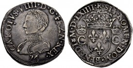 FRANKREICH. Königreich und Republik. Charles IX. 1560-1574. Teston 1564 M, Toulouse. Erster Typ. 9.44 g. Duplessy 1063. Hübsches Portrait / Attractive...